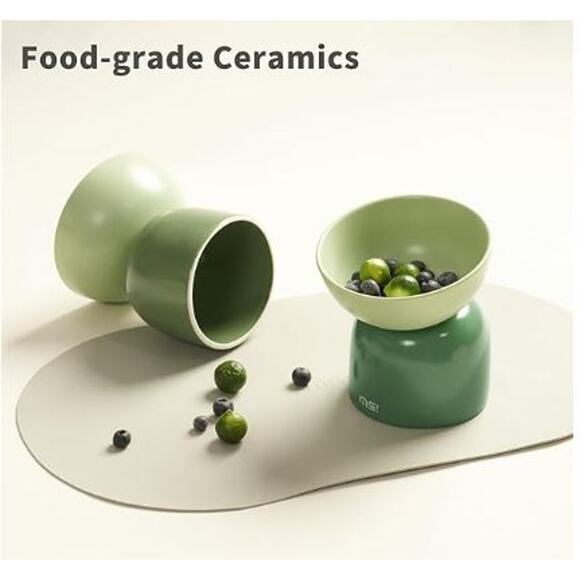 MS!MAKE SURE Elevated Cat Food Bowl Protecting Spine Green Ceramic - Picture 1 of 10